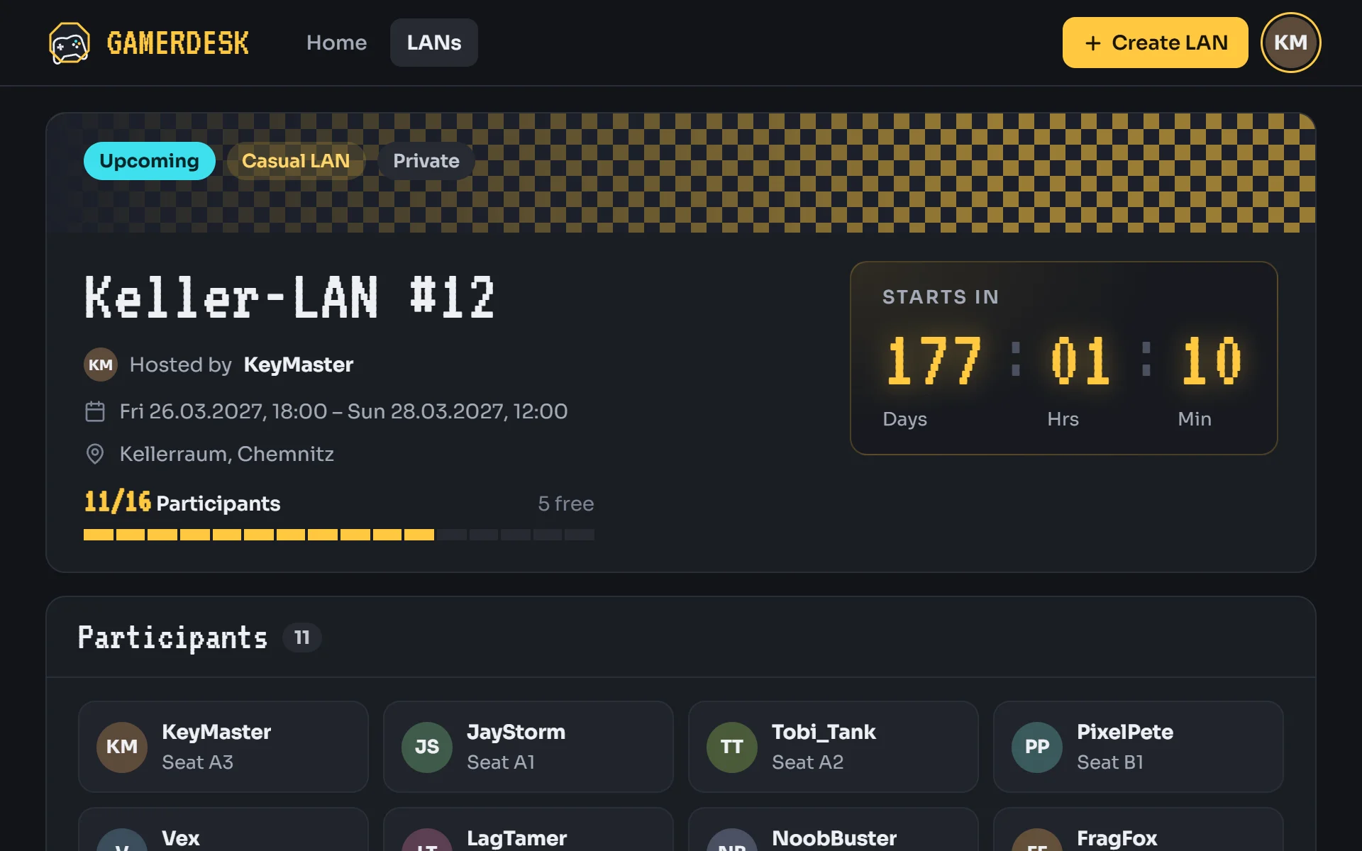 GAMERDESK overview of Keller-LAN #12 with countdown, participants and free seats