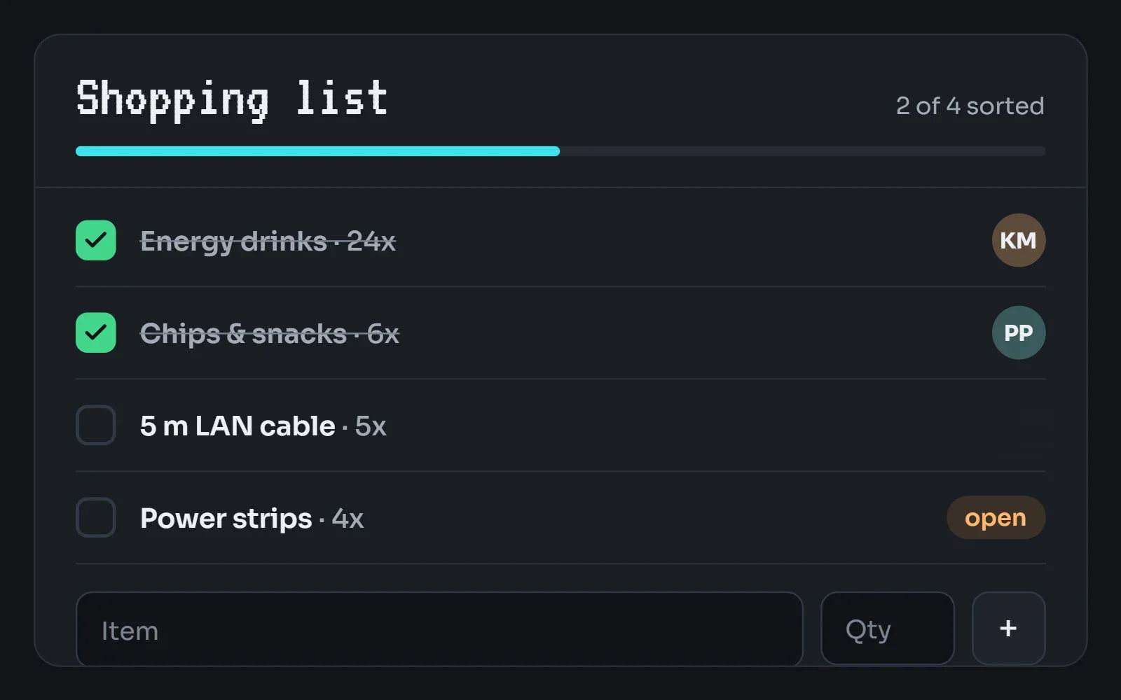 Shopping list with ticked-off items and a progress indicator